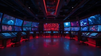 Interior view of a futuristic operations center illuminated by glowing digital displays and accent lighting