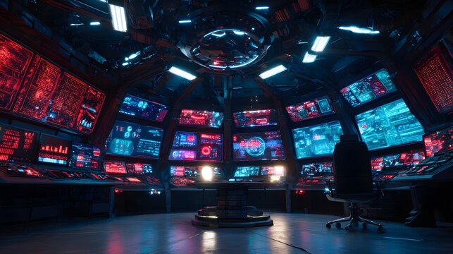 High technology operations center displays complex data across multiple glowing monitors