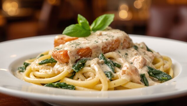 Creamy spinach and salmon pasta with tagliatelle