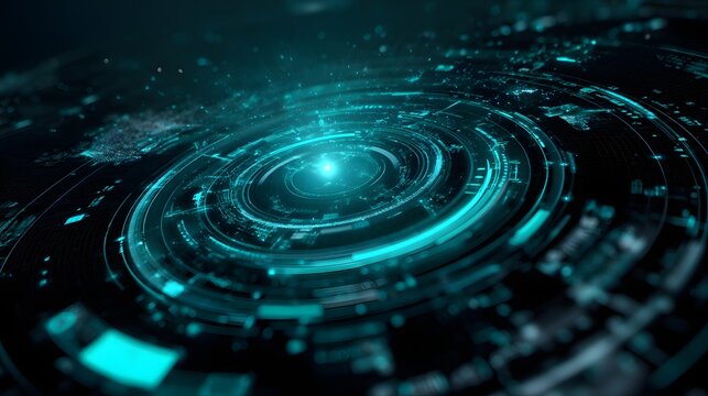 Glowing cyan digital interface spirals outward from a bright central core in dark space