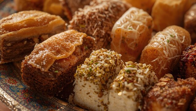 Detailed view of Middle Eastern desserts including baklava, warbat, kunafa, and kadayif topped with pistachios and cheese