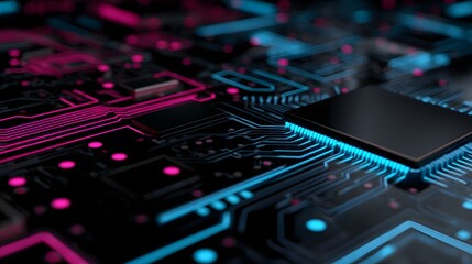 Illuminated digital circuitry displays glowing connections on a dark electronic board