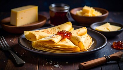 Stack of golden crepes with cheese and jam