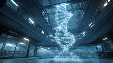 Glowing digital double helix structure hovers within a modern scientific facility