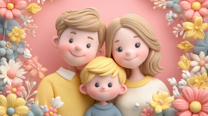 Cartoon Family Portrait with Blonde Boys in a Floral Frame and Soft Pastel Colors