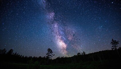 Fototapeta premium Photos of the galaxy and star groupings captured in remote woodland areas during nighttime.