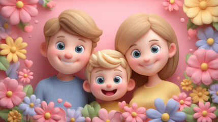 Cheerful Cartoon Family Portrait with Two Boys Surrounded by Colorful Flowers in Playful Style