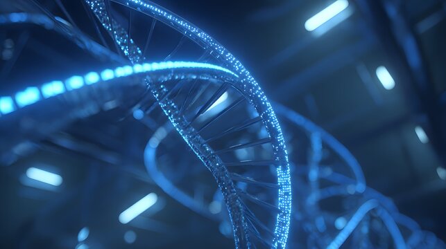 Illuminated double helix structure glows with bright blue digital points in a dark setting