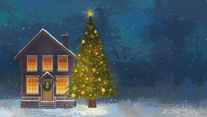 Fototapeta premium Abstract festive backdrop featuring a lighthouse and a decorated tree