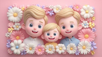 Bright and Cheerful Cartoon Family of Three Boys Surrounded by Colorful Flowers in Playful Style
