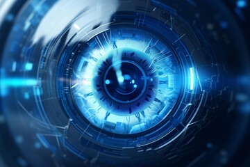 Close up of a futuristic bionic eye, processing data streams in a digital environment, showcasing advanced technology
