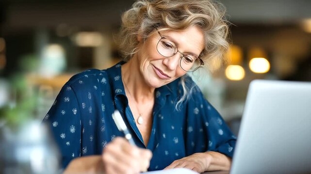 Cheerful senior woman in eyeglasses holding pen while making grocery list from online shopping on laptop at home, under soft ambient light, showcasing joyful expression and modern