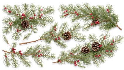 Collection of evergreen twigs with pine cones and decorative red berries on a white backdrop. Decorative component for crafting holiday wreaths, borders, greetings, and invites.