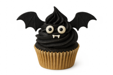 Halloween bat cupcake with black frosting and eyes