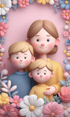 Cartoon Family Portrait with Two Blonde Boys and a Mother Surrounded by Colorful Flowers in Soft Pastel Style