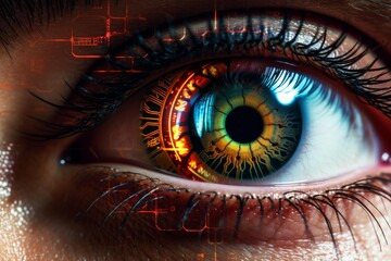 Macro close up of an eye with futuristic digital circuitry and data analysis, concept of future technology