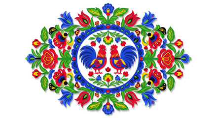 Folk Art Inspired Rooster Motif with Floral Accents, Colorful Rooster and Flower Design in Traditional Ukrainian Style