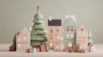 Adorable 3D Render of Christmas Houses with Tree and Colorful Gifts Perfect for Holiday Cheer and Seasonal Decoration