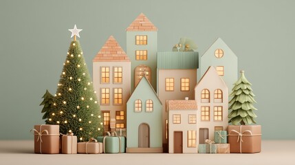 Charming 3D Render of Adorable Christmas Houses with Festive Decor and Trees for Holiday Cheer