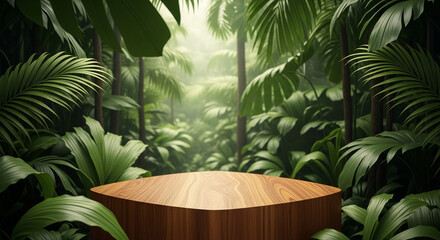 Wooden podium in lush tropical foliage, creating a serene jungle scene, perfect for product display or advertisement mockup