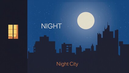 Vector illustration of a dark urban street at night featuring an illuminated window under a vivid full moon and deep blue sky with night city text