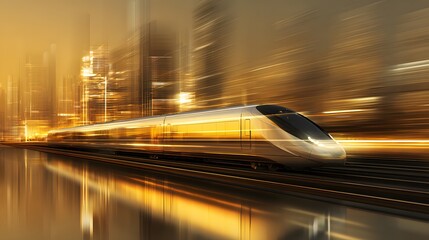 Modern high-speed train travels rapidly through a brightly lit metropolitan area at sunset