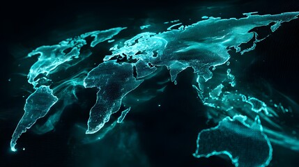 Illuminated digital world map displays continental outlines against a dark background