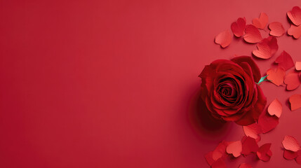 Elegant Rose on Flat Surface Surrounded by Heart-Shaped Petals in Vivid Red Background