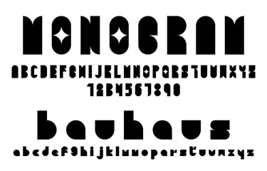 Bold Black Typeface Bauhaus Monogram Alphabet with Full Upper and Lowercase Typeface and Number Set