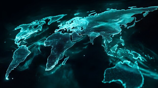 Illuminated digital world map displays continental outlines against a dark background - Powered by Adobe