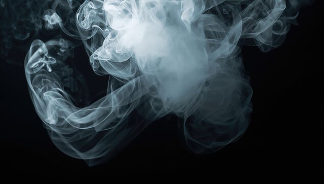 Abstract slow-motion white smoke against a dark background with drifting icy fog clouds, 4k resolution.