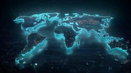 Glowing digital representation of the Earth's continents floats above a dark background