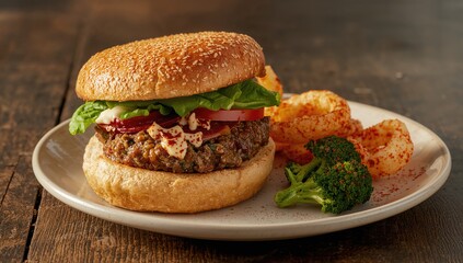 Vegetarian burger on a soft bun accompanied by broccoli fries and cauliflower rings