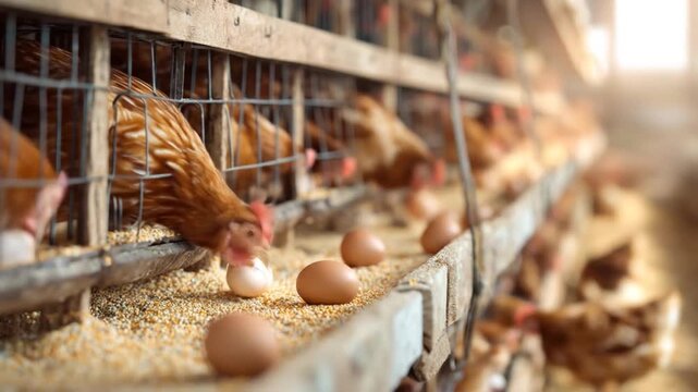 Chickens in a well-lit poultry farm laying eggs in a rustic setting, with straw and corn scattered around, showcasing the natural process of egg production