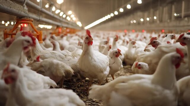 A bustling poultry farm filled with numerous white chickens roaming freely under warm lighting, showcasing the environment of modern agricultural practices and animal husbandry