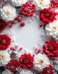 クリムゾンとアイボリーの花びらが織りなす静かな冬の朝のフラットレイ

深紅と森の緑に霜がきらめくウィンターフローラルテクスチャ　雪の結晶が光を受けるエレガントな冬の花背景
柔らかな自然光が包む上品な冬のフローラルデザインスペース