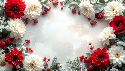 クリムゾンとアイボリーの花びらが織りなす静かな冬の朝のフラットレイ

深紅と森の緑に霜がきらめくウィンターフローラルテクスチャ　雪の結晶が光を受けるエレガントな冬の花背景
柔らかな自然光が包む上品な冬のフローラルデザインスペース