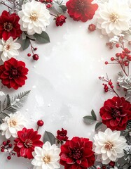 クリムゾンとアイボリーの花びらが織りなす静かな冬の朝のフラットレイ

深紅と森の緑に霜がきらめくウィンターフローラルテクスチャ　雪の結晶が光を受けるエレガントな冬の花背景
柔らかな自然光が包む上品な冬のフローラルデザインスペース