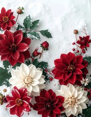 クリムゾンとアイボリーの花びらが織りなす静かな冬の朝のフラットレイ

深紅と森の緑に霜がきらめくウィンターフローラルテクスチャ　雪の結晶が光を受けるエレガントな冬の花背景
柔らかな自然光が包む上品な冬のフローラルデザインスペース