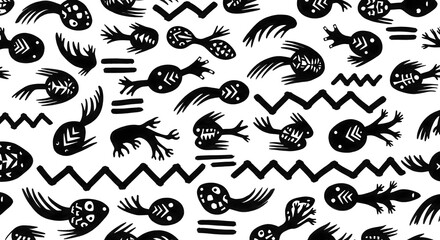 Obraz premium Whimsical Black and White Creature Pattern , Quirky Creature Silhouettes on White Background