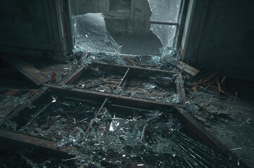 Broken glass fragments scattered across a wooden floor block the view looking up in an abandoned structure.
