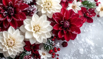 クリムゾンとアイボリーの花びらが織りなす静かな冬の朝のフラットレイ

深紅と森の緑に霜がきらめくウィンターフローラルテクスチャ　雪の結晶が光を受けるエレガントな冬の花背景
柔らかな自然光が包む上品な冬のフローラルデザインスペース