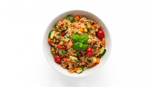 Top view of a nutritious vegetable quinoa salad served in a bowl on a white background - Powered by Adobe