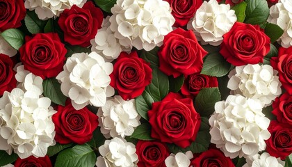 赤いバラと白い紫陽花、そしてグリーンの葉が織りなすエレガントなトップダウン構図。
柔らかな自然光が花びらの陰影を際立たせ、上質で温かみのある雰囲気を演出します。
片側の余白は文字やロゴ配置に最適。
ホリデーシーズンの広告、ギフト、コスメ、ウェディングビジュアルに最適な背景です。