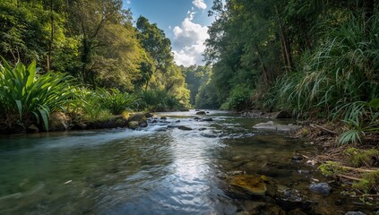 Obraz premium Picturesque water surrounded by lush forest foliage