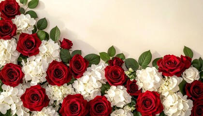 赤いバラと白い紫陽花、そしてグリーンの葉が織りなすエレガントなトップダウン構図。
柔らかな自然光が花びらの陰影を際立たせ、上質で温かみのある雰囲気を演出します。
片側の余白は文字やロゴ配置に最適。
ホリデーシーズンの広告、ギフト、コスメ、ウェディングビジュアルに最適な背景です。