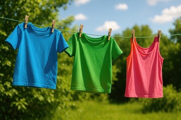 Three colorful t-shirts drying on a clothesline, laundry day outdoors
