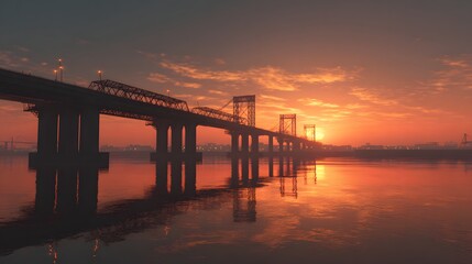 Fototapeta premium Long suspension bridge spans wide waterway reflecting brilliant orange sunset