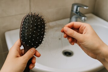 Woman's hand holding tangled hair from brush in bathroom sink, hair loss problem