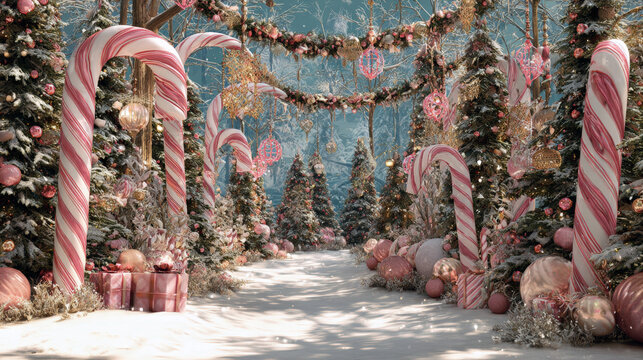 Magical Christmas with a snowy path lined by oversized candy canes and decorated pine trees. Features pink and gold ornaments, garlands, and gift boxes, creating a whimsical Candyland holiday backdrop